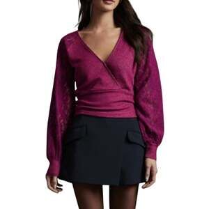 By Anthropologie Lace Balloon Sleeve Faux-Wrap Sweater Fuchsia Size Medium (M)